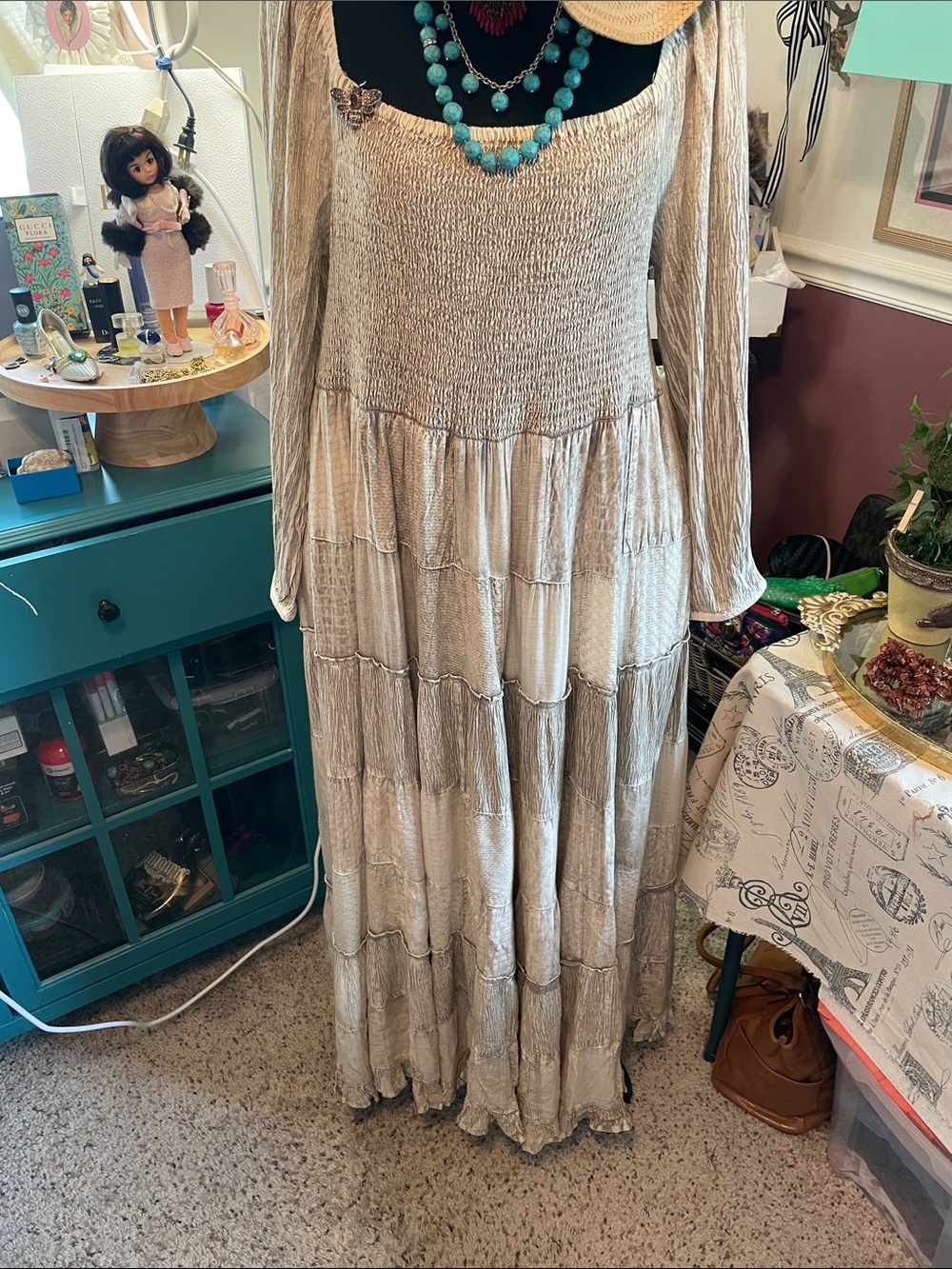 Women's Long Tiered Metallic Cream Boho gathered Patchwork Maxi Young Threads